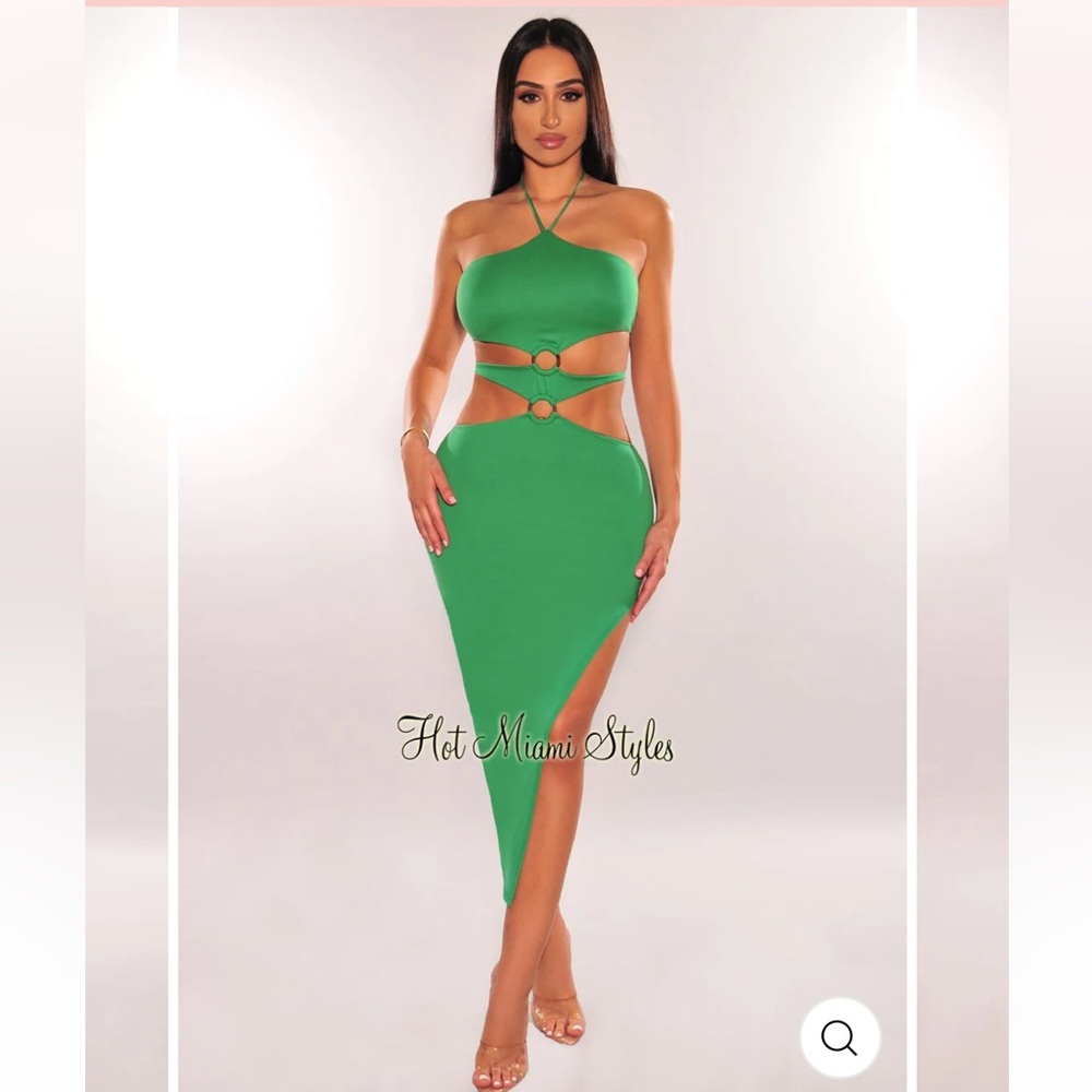 EMERALD HALTER CUT OUT O-RING TIE UP SLIT DRESS MIDI DRESS
